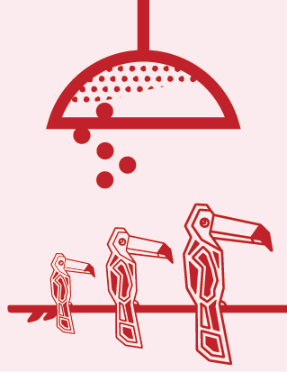 Trio of geometric toucans on a rail under an agave citrus squeezer strainer for Nosotros Tequila